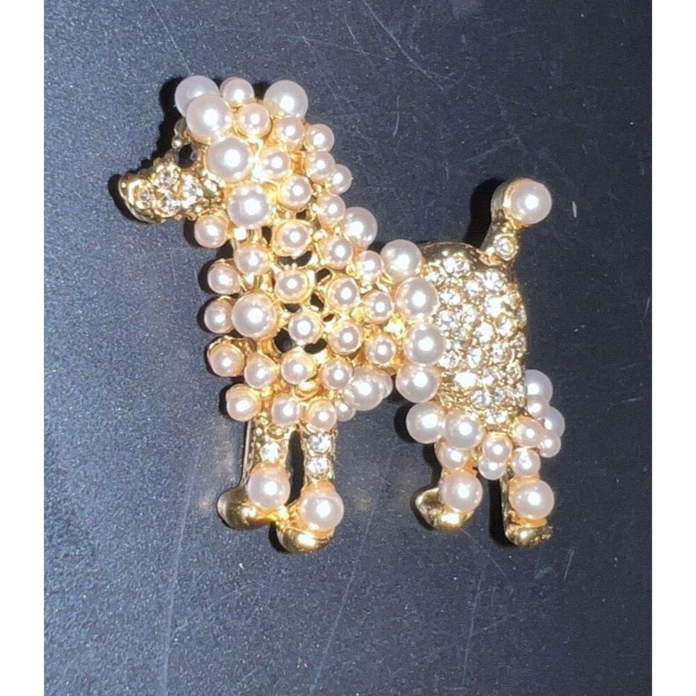Classic Faux Pearl Poodle Brooch‎ Pin GOLD Tone